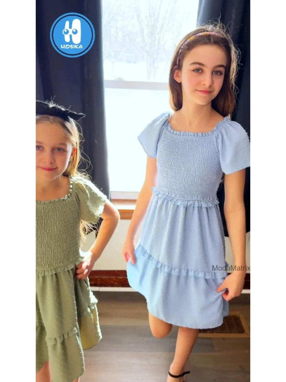 Girls Boho Swiss Dot Smocked Square Neck Ruffle Tiered Midi Dress with Pockets